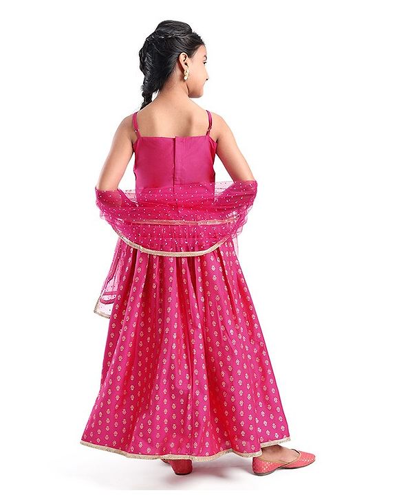 Pine Kids Woven Sleeveless Sequenced Choli & Dupatta With Foil Printed Lehenga Set- Dark Pink