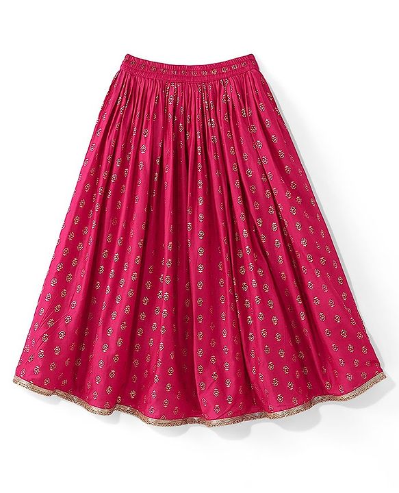 Pine Kids Woven Sleeveless Sequenced Choli & Dupatta With Foil Printed Lehenga Set- Dark Pink
