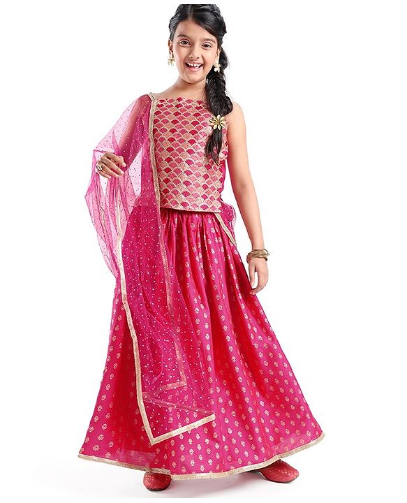Pine Kids Woven Sleeveless Sequenced Choli & Dupatta With Foil Printed Lehenga Set- Dark Pink