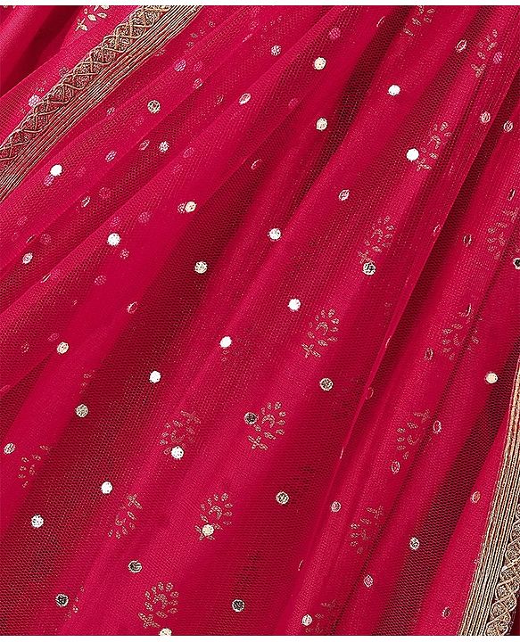 Pine Kids Woven Sleeveless Sequenced Choli & Dupatta With Foil Printed Lehenga Set- Dark Pink