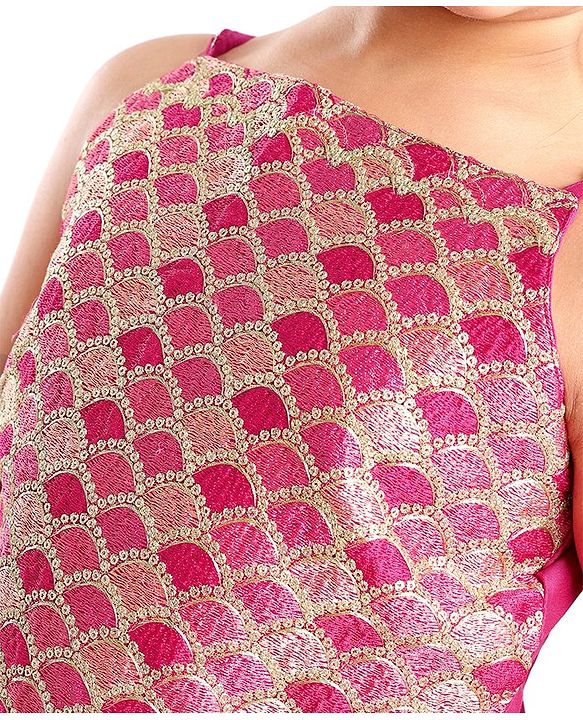 Pine Kids Woven Sleeveless Sequenced Choli & Dupatta With Foil Printed Lehenga Set- Dark Pink