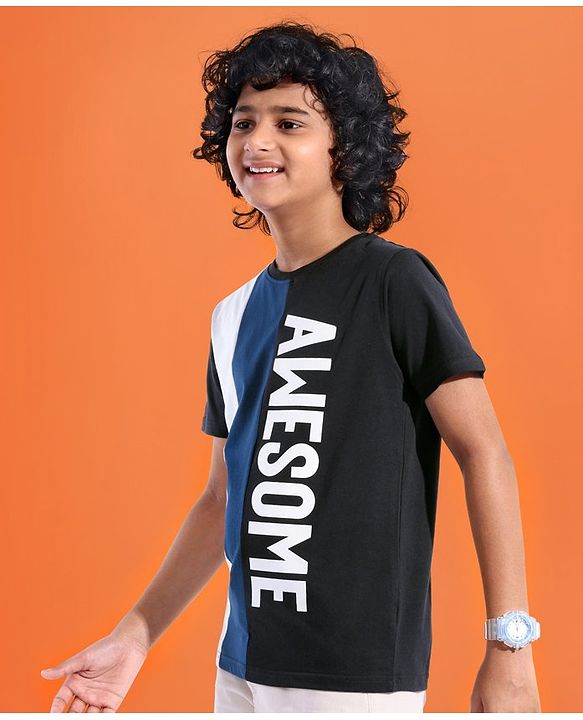 Pine Kids Cotton Knit Half Sleeves T-Shirt Text Print- Jet Black & Gibraltar Sea