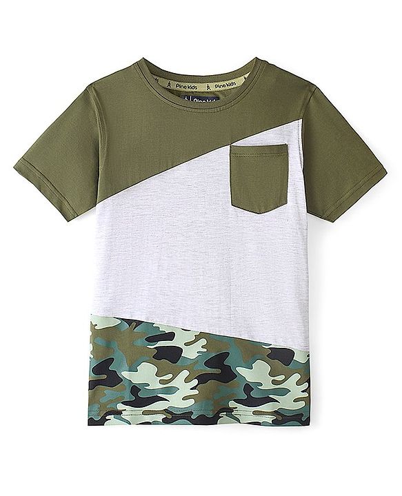 Pine Kids Cotton Half Sleeves Cut & Sew Camouflage T-Shirt with Front Pocket - Capulet Olive