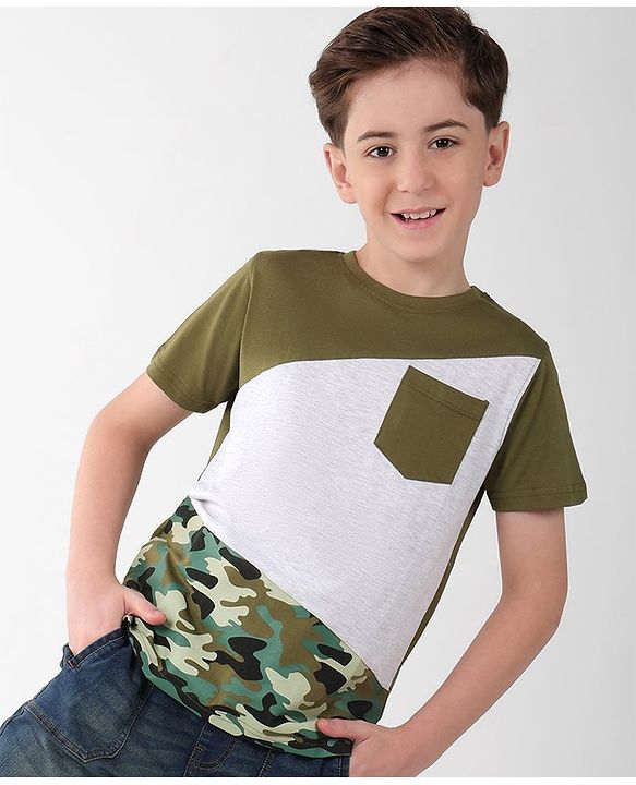 Pine Kids Cotton Half Sleeves Cut & Sew Camouflage T-Shirt with Front Pocket - Capulet Olive