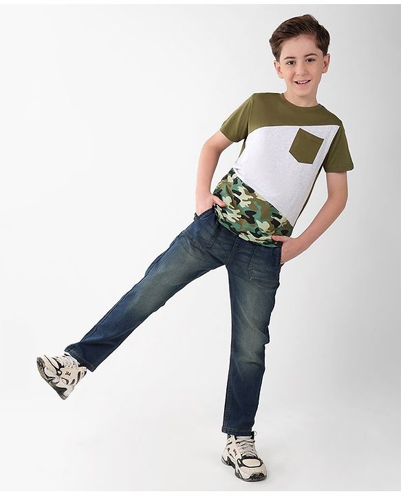 Pine Kids Cotton Half Sleeves Cut & Sew Camouflage T-Shirt with Front Pocket - Capulet Olive