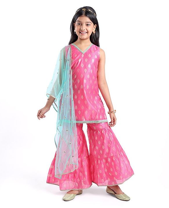 Pine Kids Woven Sleeveless Embroidered Kurti Foil Printed Palazzo & Sequenced Dupatta Set -Pink