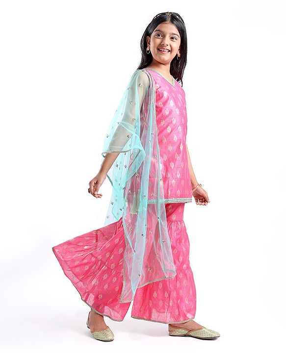 Pine Kids Woven Sleeveless Embroidered Kurti Foil Printed Palazzo & Sequenced Dupatta Set -Pink