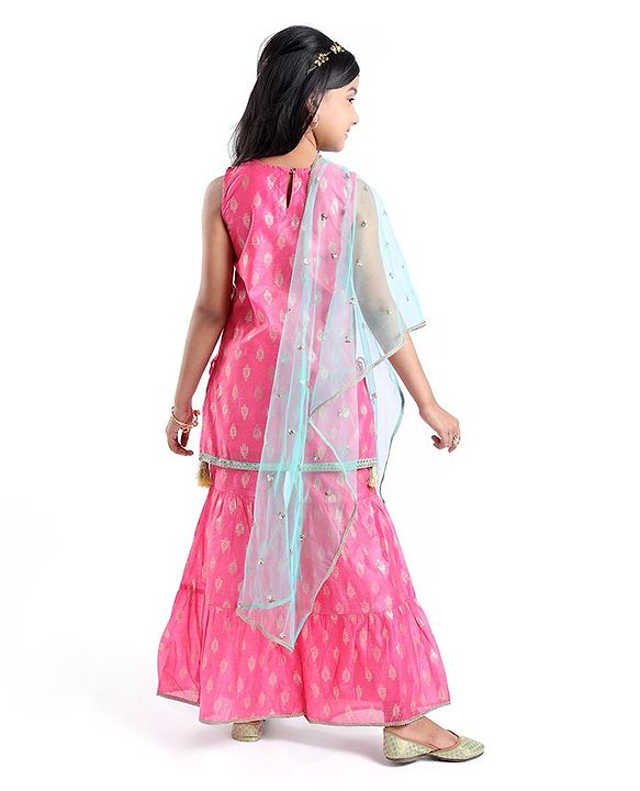 Pine Kids Woven Sleeveless Embroidered Kurti Foil Printed Palazzo & Sequenced Dupatta Set -Pink