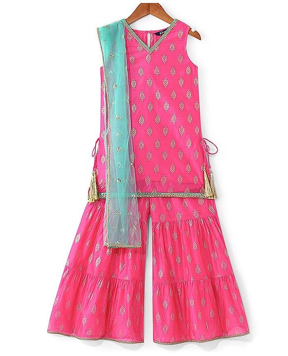 Pine Kids Woven Sleeveless Embroidered Kurti Foil Printed Palazzo & Sequenced Dupatta Set -Pink
