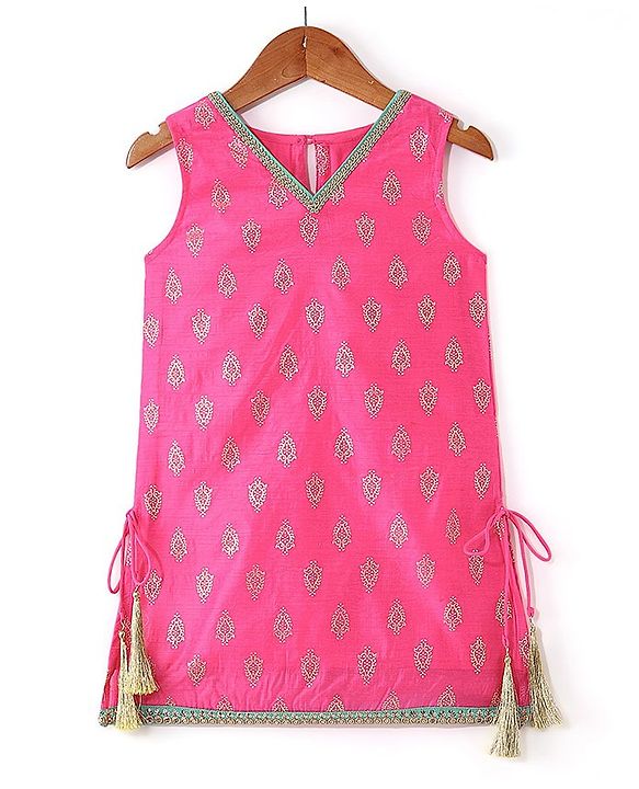 Pine Kids Woven Sleeveless Embroidered Kurti Foil Printed Palazzo & Sequenced Dupatta Set -Pink