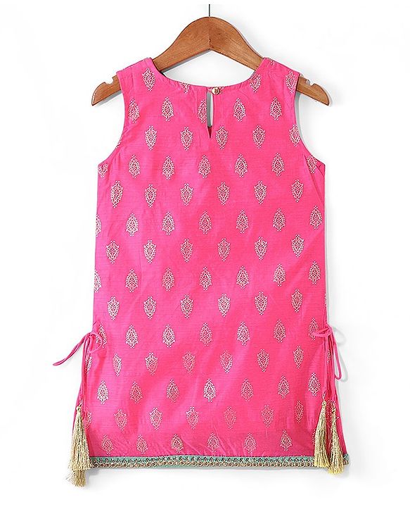 Pine Kids Woven Sleeveless Embroidered Kurti Foil Printed Palazzo & Sequenced Dupatta Set -Pink