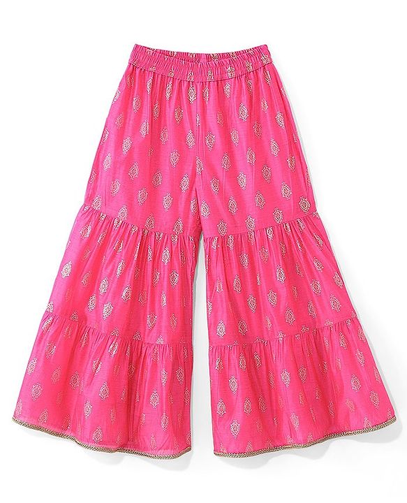 Pine Kids Woven Sleeveless Embroidered Kurti Foil Printed Palazzo & Sequenced Dupatta Set -Pink