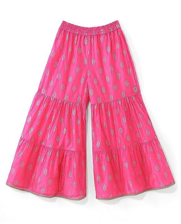 Pine Kids Woven Sleeveless Embroidered Kurti Foil Printed Palazzo & Sequenced Dupatta Set -Pink