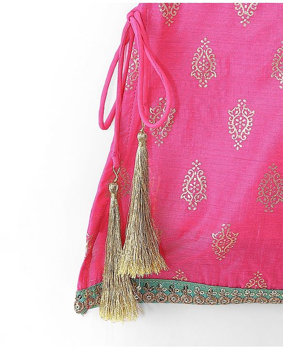 Pine Kids Woven Sleeveless Embroidered Kurti Foil Printed Palazzo & Sequenced Dupatta Set -Pink
