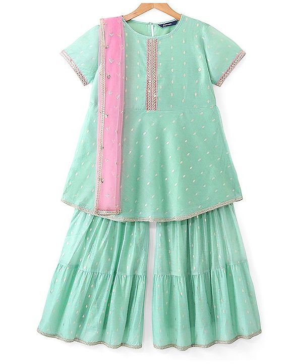 Pine Kids Half Sleeves Kurta & Sharara with Dupatta Foil Print & Embroidered - Mint