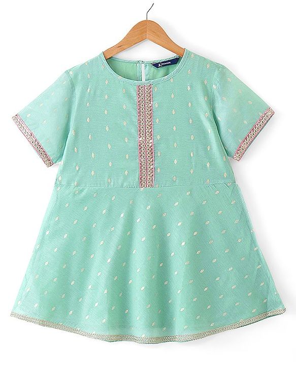 Pine Kids Half Sleeves Kurta & Sharara with Dupatta Foil Print & Embroidered - Mint