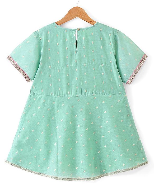 Pine Kids Half Sleeves Kurta & Sharara with Dupatta Foil Print & Embroidered - Mint