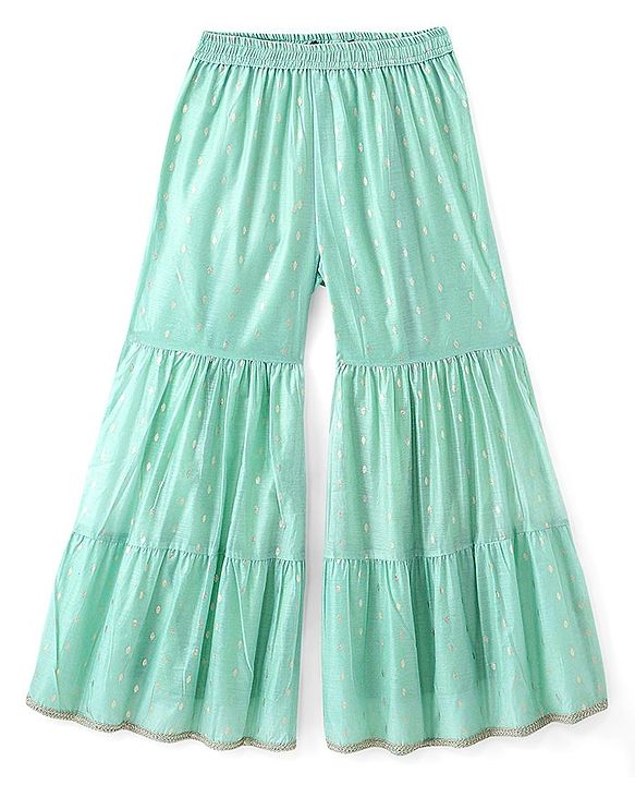 Pine Kids Half Sleeves Kurta & Sharara with Dupatta Foil Print & Embroidered - Mint