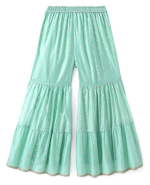 Pine Kids Half Sleeves Kurta & Sharara with Dupatta Foil Print & Embroidered - Mint
