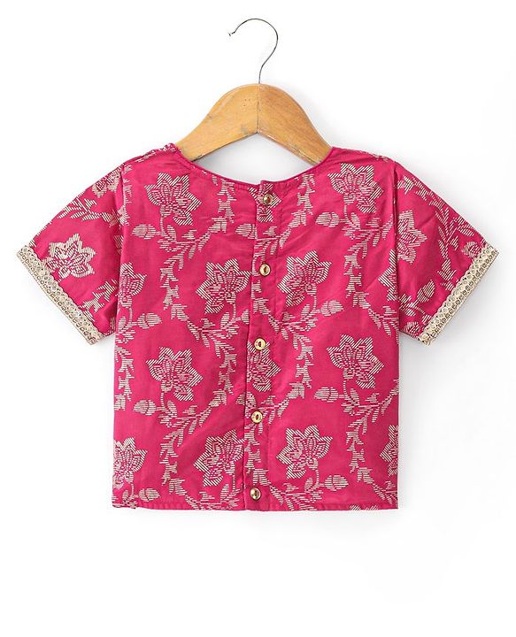 Pine Kids Woven Half Sleeves Choli Lahenga Set with Dupatta Floral Print - Pink