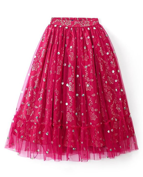 Pine Kids Woven Half Sleeves Choli Lahenga Set with Dupatta Floral Print - Pink