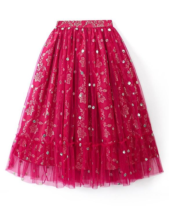 Pine Kids Woven Half Sleeves Choli Lahenga Set with Dupatta Floral Print - Pink