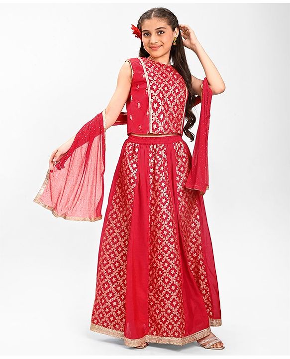 Pine Kids Woven Sleeveless Embroidered Choli Lehenga Set with Dupatta - Salsa