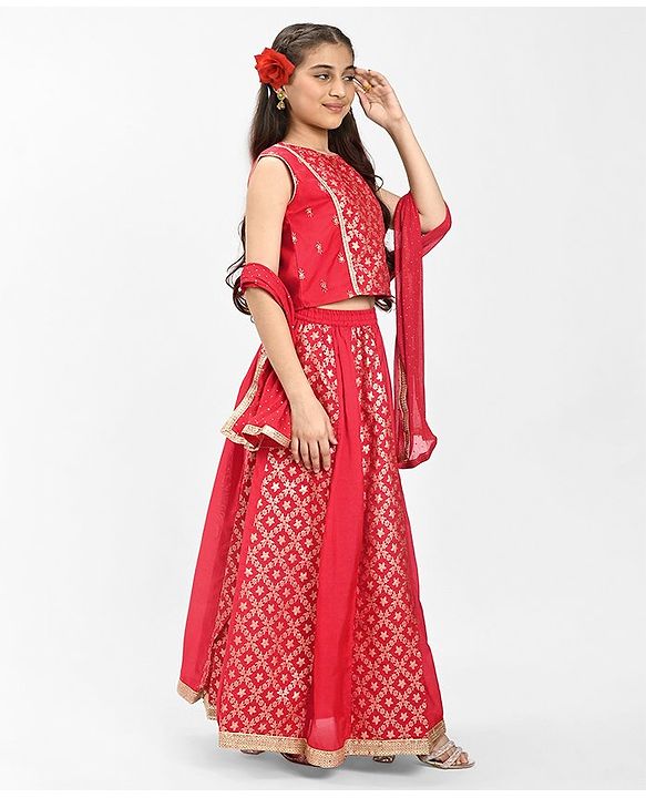 Pine Kids Woven Sleeveless Embroidered Choli Lehenga Set with Dupatta - Salsa