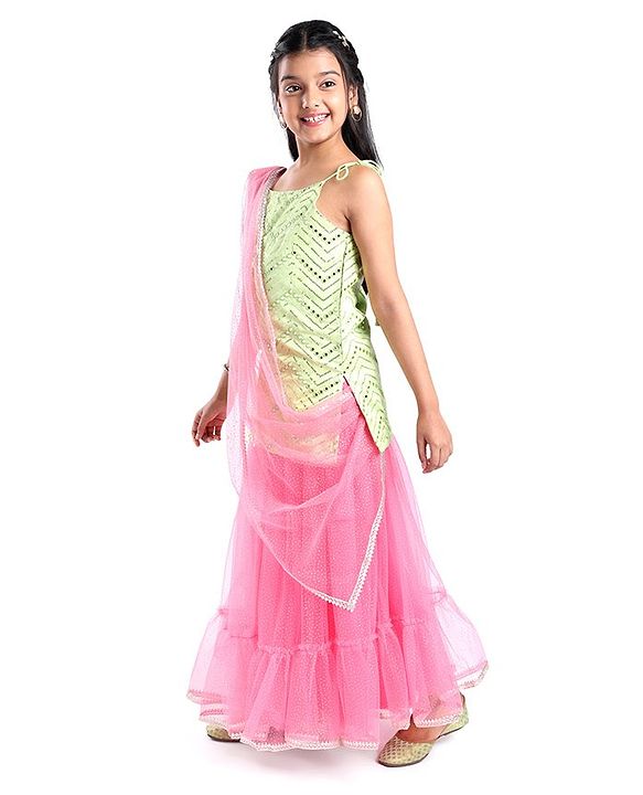 Pine Kids Woven Sleeveless Choli Lahenga & Dupatata With Mirror & Sequin Design - Green & Pink