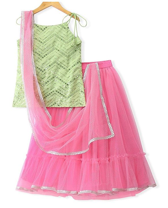 Pine Kids Woven Sleeveless Choli Lahenga & Dupatata With Mirror & Sequin Design - Green & Pink