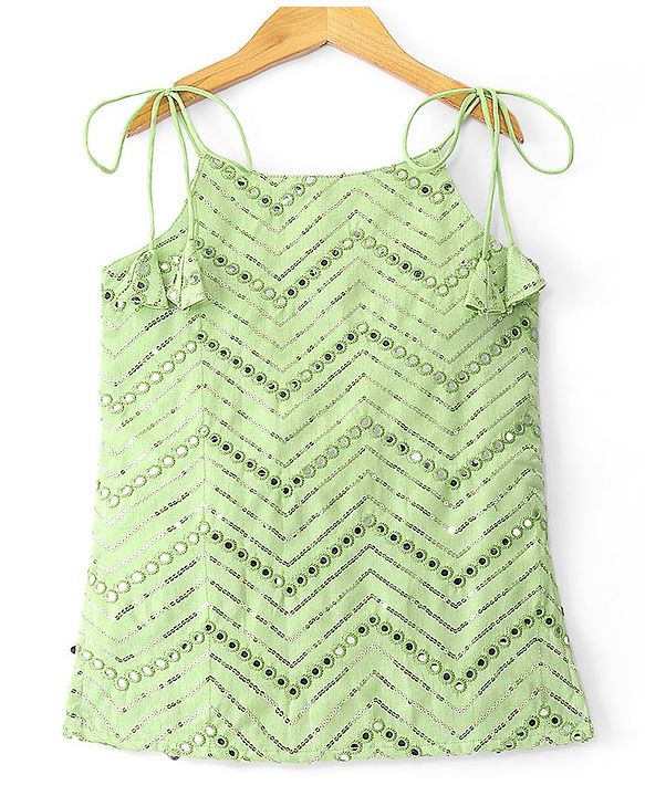 Pine Kids Woven Sleeveless Choli Lahenga & Dupatata With Mirror & Sequin Design - Green & Pink