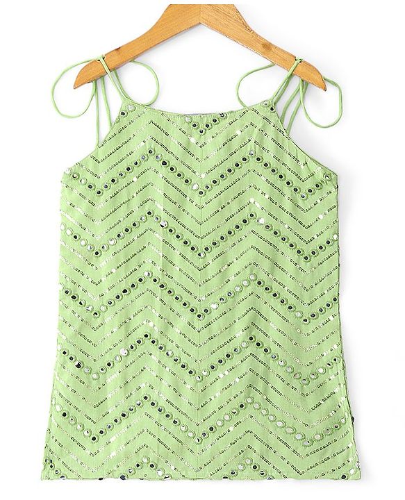 Pine Kids Woven Sleeveless Choli Lahenga & Dupatata With Mirror & Sequin Design - Green & Pink