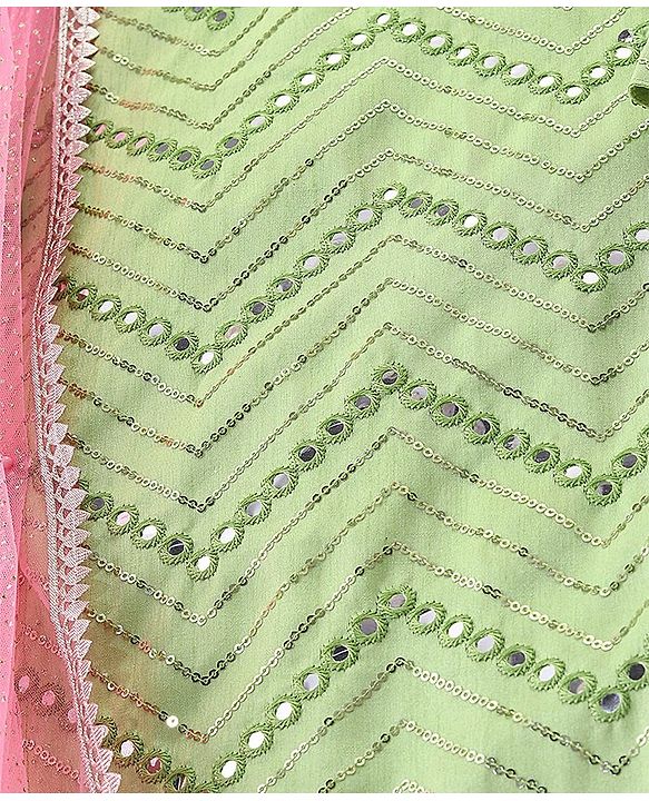 Pine Kids Woven Sleeveless Choli Lahenga & Dupatata With Mirror & Sequin Design - Green & Pink