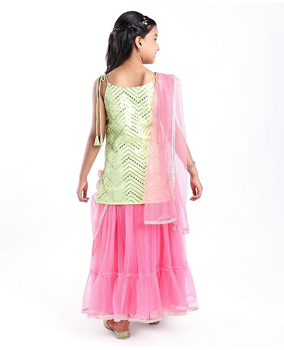 Pine Kids Woven Sleeveless Choli Lahenga & Dupatata With Mirror & Sequin Design - Green & Pink