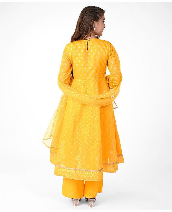 Pine Kids Woven Three Fourth Sleeves Embroidered Kurti & Salwar Set with Dupatta - Yellow