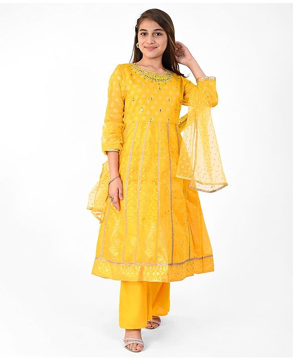 Pine Kids Woven Three Fourth Sleeves Embroidered Kurti & Salwar Set with Dupatta - Yellow