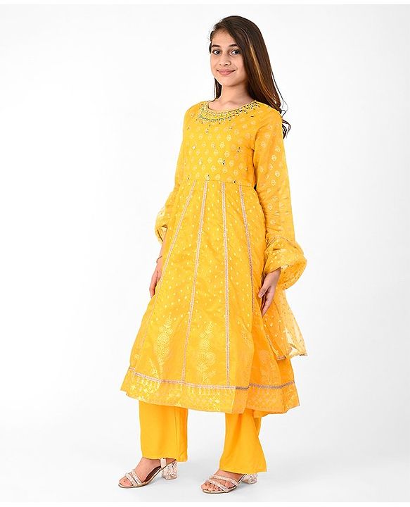 Pine Kids Woven Three Fourth Sleeves Embroidered Kurti & Salwar Set with Dupatta - Yellow