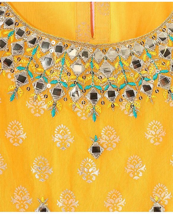Pine Kids Woven Three Fourth Sleeves Embroidered Kurti & Salwar Set with Dupatta - Yellow