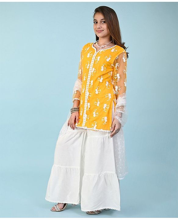 Pine Kids Three Fourth Sleeves Kurti & Churidar Set with Dupatta Floral Embroidery - Yellow
