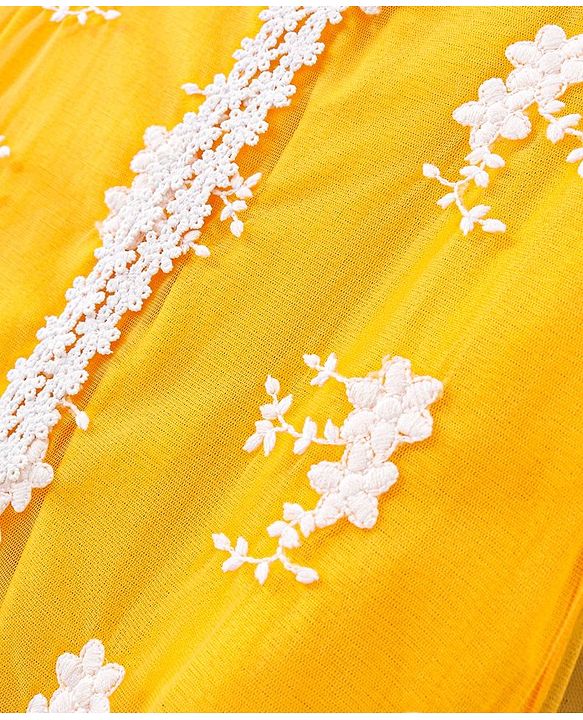 Pine Kids Three Fourth Sleeves Kurti & Churidar Set with Dupatta Floral Embroidery - Yellow