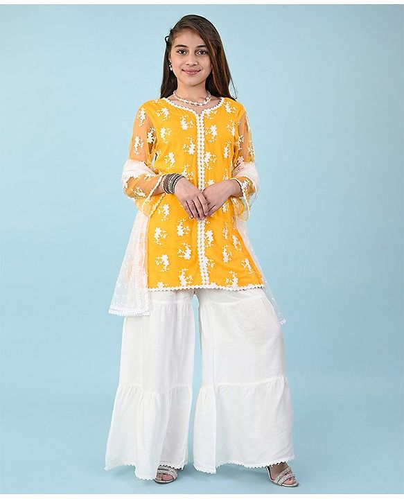 Pine Kids Three Fourth Sleeves Kurti & Churidar Set with Dupatta Floral Embroidery - Yellow