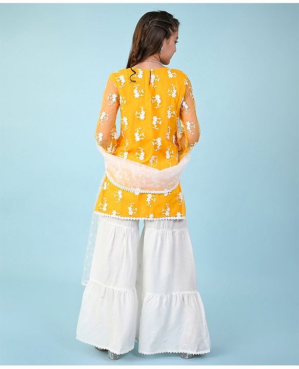 Pine Kids Three Fourth Sleeves Kurti & Churidar Set with Dupatta Floral Embroidery - Yellow