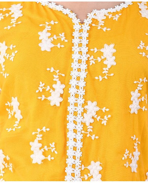 Pine Kids Three Fourth Sleeves Kurti & Churidar Set with Dupatta Floral Embroidery - Yellow