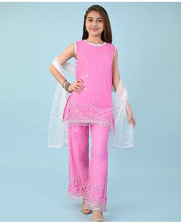 Pine Kids Sleeveless Kurti & Salwar With Dupatta Set with Floral Embroidery- Hot Pink