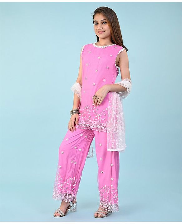 Pine Kids Sleeveless Kurti & Salwar With Dupatta Set with Floral Embroidery- Hot Pink