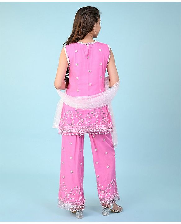 Pine Kids Sleeveless Kurti & Salwar With Dupatta Set with Floral Embroidery- Hot Pink