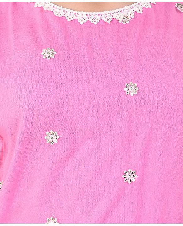 Pine Kids Sleeveless Kurti & Salwar With Dupatta Set with Floral Embroidery- Hot Pink