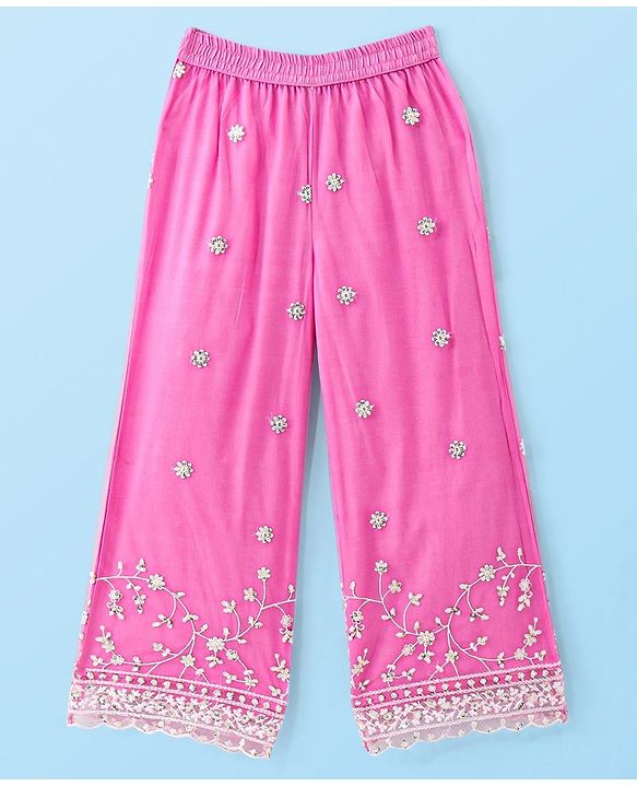 Pine Kids Sleeveless Kurti & Salwar With Dupatta Set with Floral Embroidery- Hot Pink