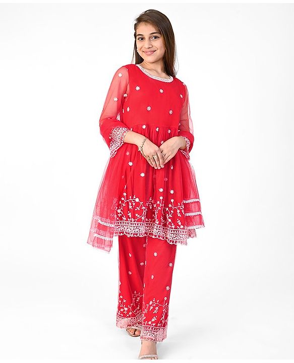 Pine Kids Full Sleeves Kurti  Salwar & Dupatta Set with Floral Embroidery- Poppy Red