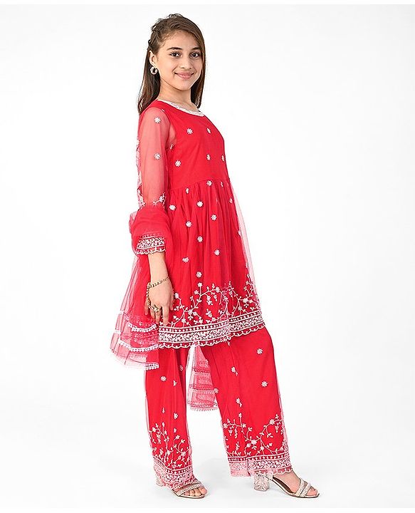 Pine Kids Full Sleeves Kurti  Salwar & Dupatta Set with Floral Embroidery- Poppy Red